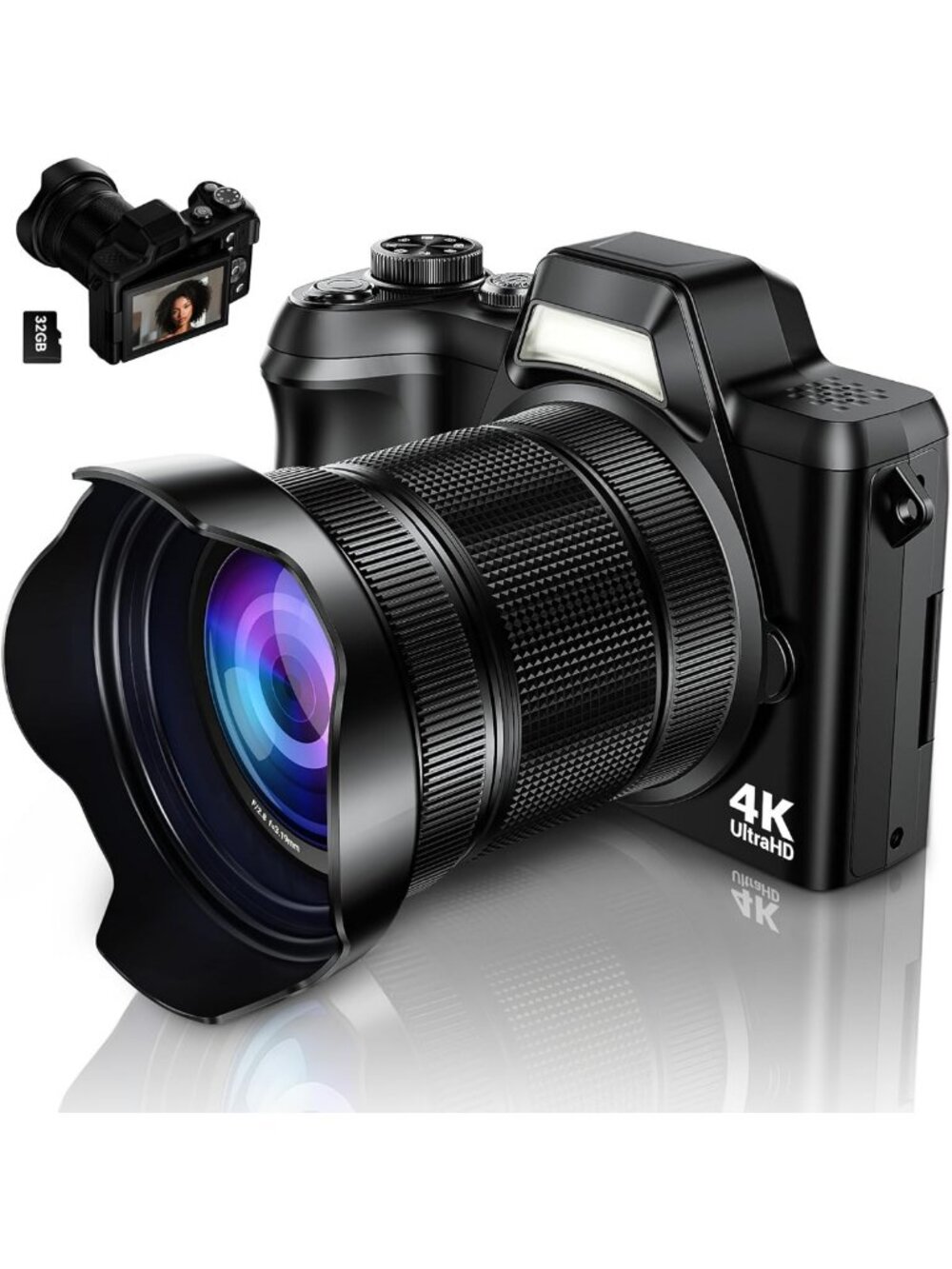 4K Photography Camera with 56MP Autofocus, 180° Flip Screen, 16X Zoom & 32GB SD